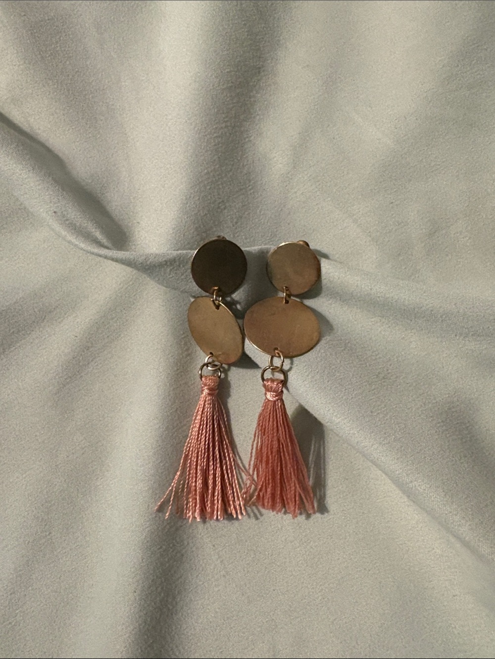 Gold Disc and Pink Tassel Drop Earrings